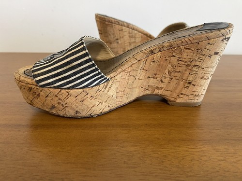 Chanel Blue White Striped Logo Slip On Cork Wedge Platform Mules Sandals Sz 36 - Picture 5 of 15