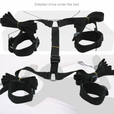 Black Bed restraint for Sex Play Adjustable Strap Furry Ankle Cuffs Handcuffs SM
