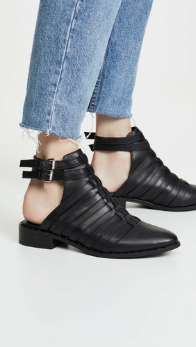 STEVEN STEVE MADDEN SHOES CHARLOT ANKLE STRAP FLAT BOOTIES BLACK LEATHER 8.5 NEW - Picture 1 of 4