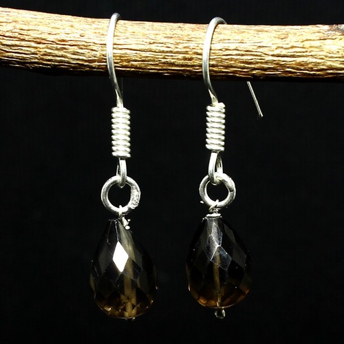 Natural Smoky Quartz Solid 925 Silver Gemstone Handmade Earring Gift Jewelry - Picture 2 of 6