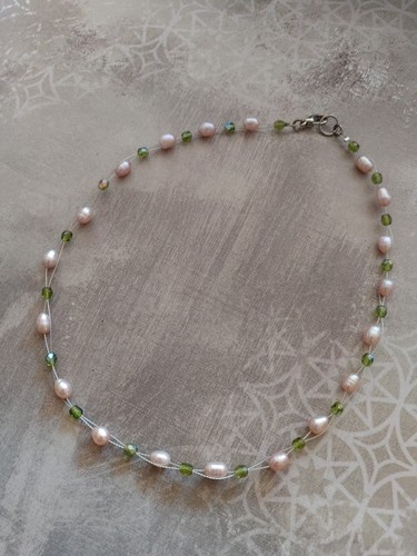 Vintage necklace pink freshwater pearl green faceted crystal beads choker 16" - Picture 3 of 6