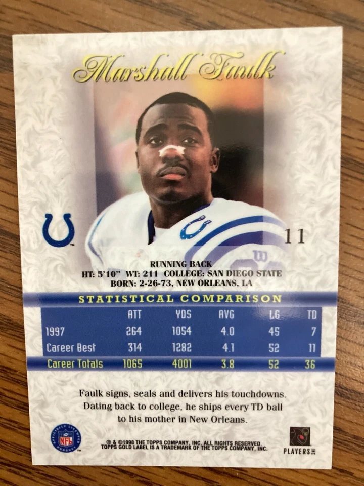 1998 Topps Gold Label Class 1 #11 Marshall Faulk Indianapolis Colts NrMt - Image 2 of 2