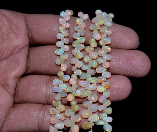 AAA+ Natural Ethiopian Fire Opal Gemstone Smooth Teardrop Briolette 6inch Strand - Picture 8 of 8