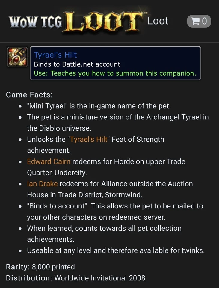 World of Warcraft PARIS BLIZZCON 2008 Mini Tyrael Hilt Pet Card Unscratch WWI - Imagem 2 de 4