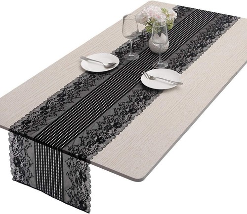 Vintage Black Embroidered Floral Lace Table Runner Rectangle Tablecloth Party - Picture 1 of 18