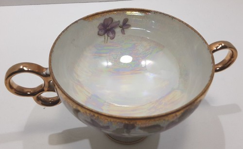 Porcelain Opalescent Bowl Floral Design 2 Handles Pedestal READ DESCRIPTION - Picture 11 of 14