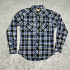 Wrangler Retro Western Shirt Mens Medium Pearl Snap Long Sleeve Plaid Blue Black