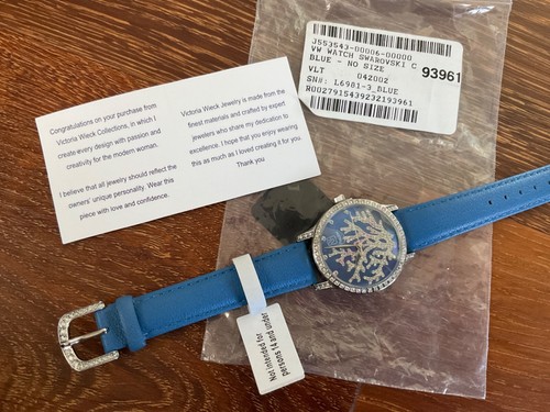 New Victoria Wieck Swarovski Crystal tree Watch Blue Leather Band booklet NOS - Picture 5 of 7
