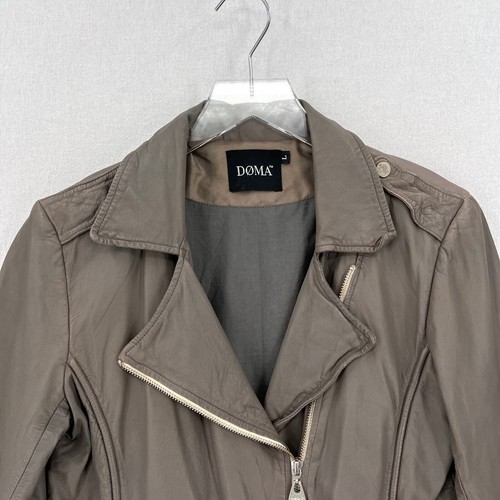 DOMA Leather Moto Jacket Womens Large Gray Taupe Zipper Detail Biker - Picture 3 of 14