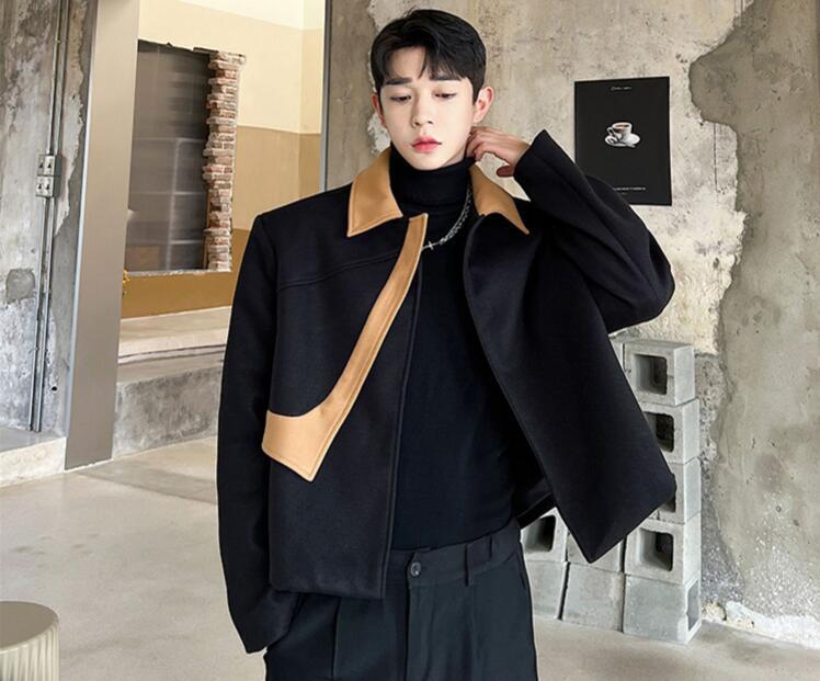 Men s Fashion Winter Lapel Long Sleeve Loose Color Matching Wool