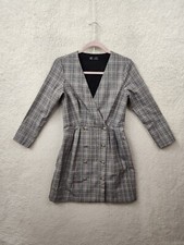 Zara Trafaluc Women Dress Small Gray Plaid Viscose Blend V Neck Knee Length