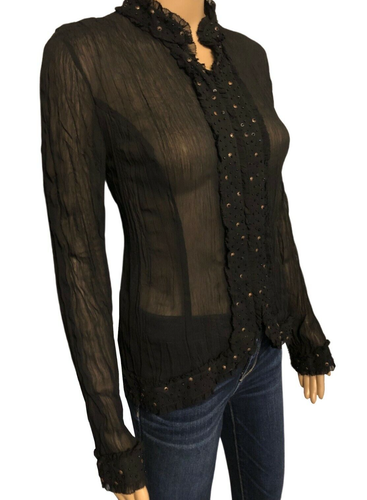 Transparente schwarze Damenbluse Größe 6 schwarz Crinkle Chiffon Perlen Rüschen - Bild 1 von 10