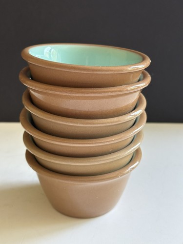 Vtg Set 6 TST Chateau Buffet Ramekins Custard Cups Dish Brown Aqua Stoneware - Picture 11 of 20