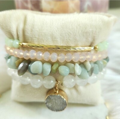 NWT Ryze Natural Stone Clear Quartz, Druzy, & Amazonite Stack Bracelets-Set of 4