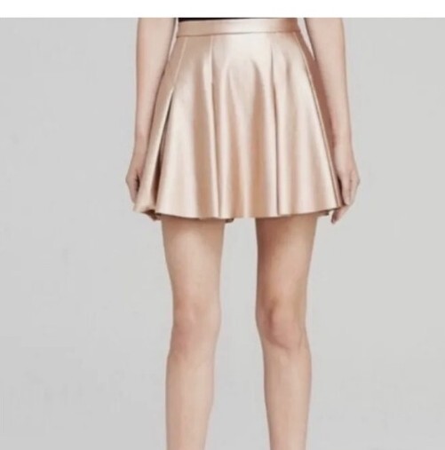 Bar III S shiny pink pleated mini Skater Skirt exposed zip