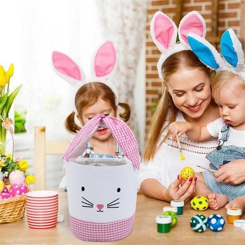 Easter Bunny Basket Bags for Kids Canvas Egg Hunt Basket Bucket - Picture 3 of 9