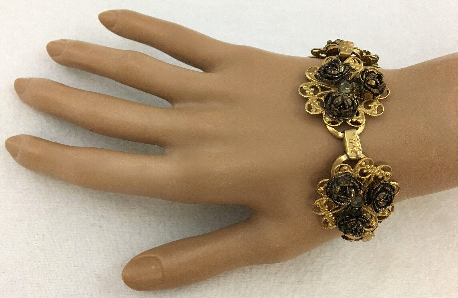 Bracelet Roses Linked Filigree Openwork Rhineston… - image 7