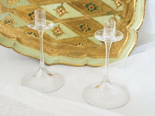 Pair Vintage 80s Orrefors Nils Landberg Candlestick Holders - Picture 1 of 3