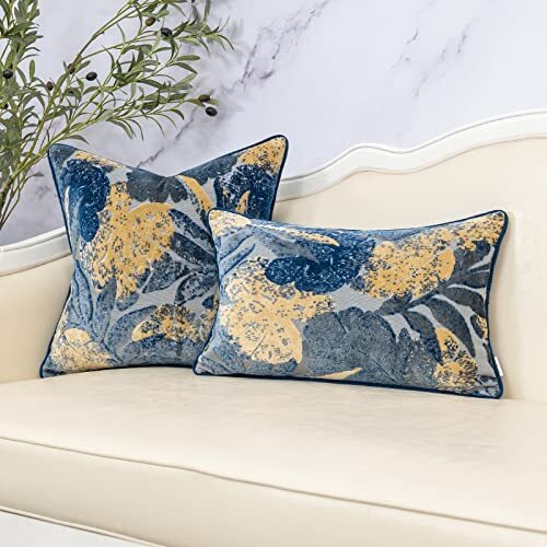 Leaf Rectangle Pillow Cover Cut Velvet Cushion Cover Luxury 12" x 20" Blue - Picture 5 of 7