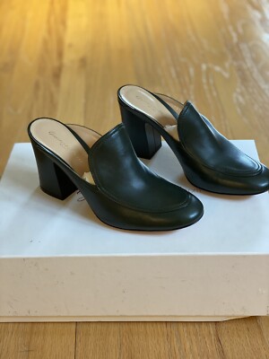 Gianvito Rossi Leather Shoes Mule Clog Thick Heel Size 38,5 Brand New Dark Green