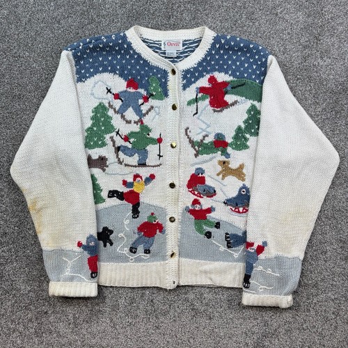 Vintage Orvis Cardigan Sweater Womens Large White Ice Skating Winter Chunky Knit - Picture 1 of 9