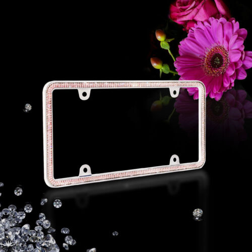 Marco de placa de matrícula de metal cromado cromado cristal cristal rosa super bling 2 filas - Imagen 2 de 4