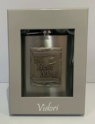 20104 BEST MAN MATT SILVER 150ml HIP FLASK WITH BADGE GIFT BOX WEDDING - Picture 2 of 2