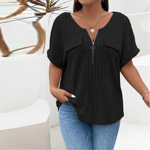 Frauen V-Ausschnitt Sommer Damen T-Shirt Bluse Kurzarm Tops Reißverschluss < - Bild 12 von 16