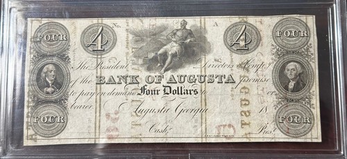 1863 Franklin Washington Two Side 4 $ Four Dollars Augusta Georgia Civil War Note