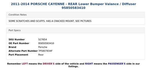 2011-2014 PORSCHE CAYENNE - REAR Lower Bumper Valance / Diffuser 95850583410 - Picture 6 of 7