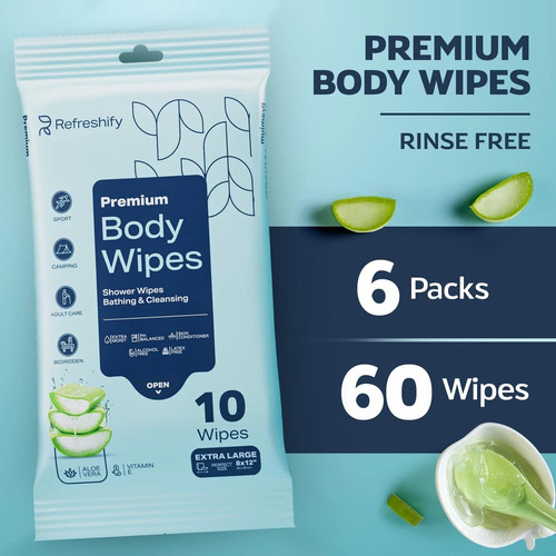 60 Toallitas de Ducha XL - Toallitas Corporales para Adultos Baño Sin Enjuague - 6 Paquetes de 10 -... - Imagen 7 de 7