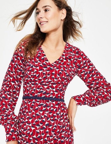 BODEN Hannah Red Floral Midi Dress V-neck Poinsettia Crocus Holiday Size 10L - Picture 10 of 11