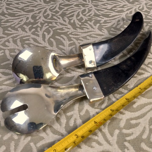 Vintage Horn Handle Salad Serving Set – Chrome & Buffalo Horn 10-11" - Picture 2 of 14