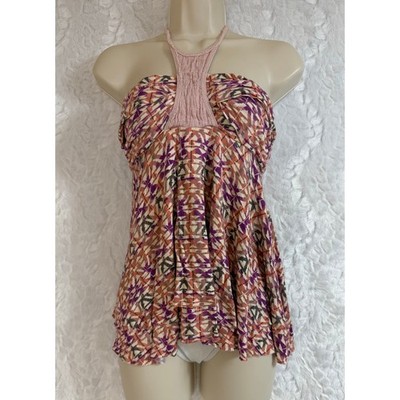 Free People Warrior Halter Tank Top Boho Pink Pattern Tie at Neck Soft Small 