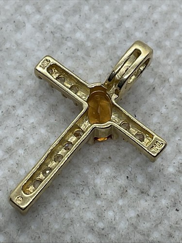 Solid 10K Yellow Gold Citrine & Smoky Quartz CROSS Religious Charm Pendant 0.9gr - Picture 3 of 22