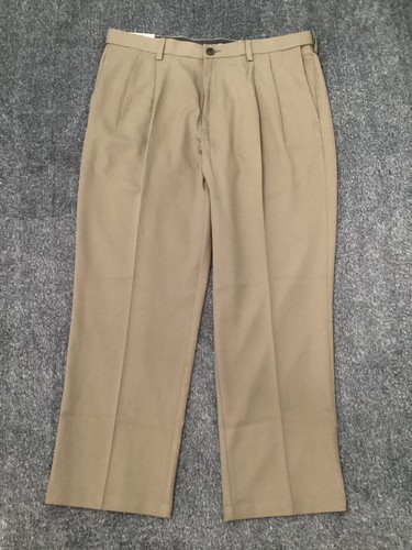 HAGGAR Cool 18 Pants Classic Fit Pleated Expandable Waist Wicking Khaki 38x29 - Picture 2 of 9