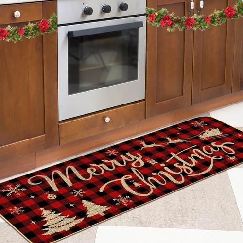 Christmas Kitchen Floor Mats Set of 2 - Buffalo Plaid Snowflakes and Santa Cl... - Picture 7 of 7