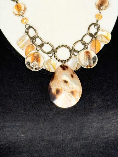 Bold Statement Necklace w/ Shell & Resin Beads, Rope Cord, Bronze Chain - Picture 4 of 8
