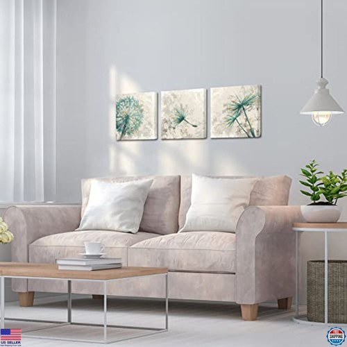 Teal Dandelion Canvas Wall Art Set of 3, 12x12in, Rustic Flower Decor - Picture 2 of 6