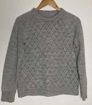 Handgestrickter hausgemachter grauer Pullover Pulli aus reiner Schurwolle Damen Small