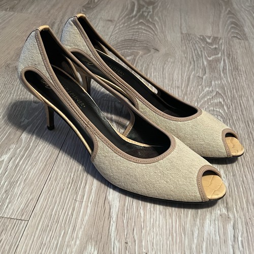 Donald Pliner Linen Tan Alligator Leather Cut Out Kitten Heel Peep Toe Italy 11 - Picture 5 of 11