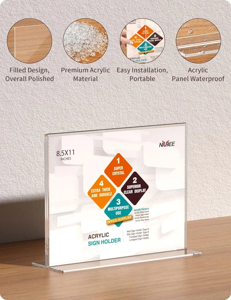 Soporte para letreros de acrílico 8,5x11 pulgadas paquete de 3 horizontales en forma de T doble cara transparente Foto 4 de 4