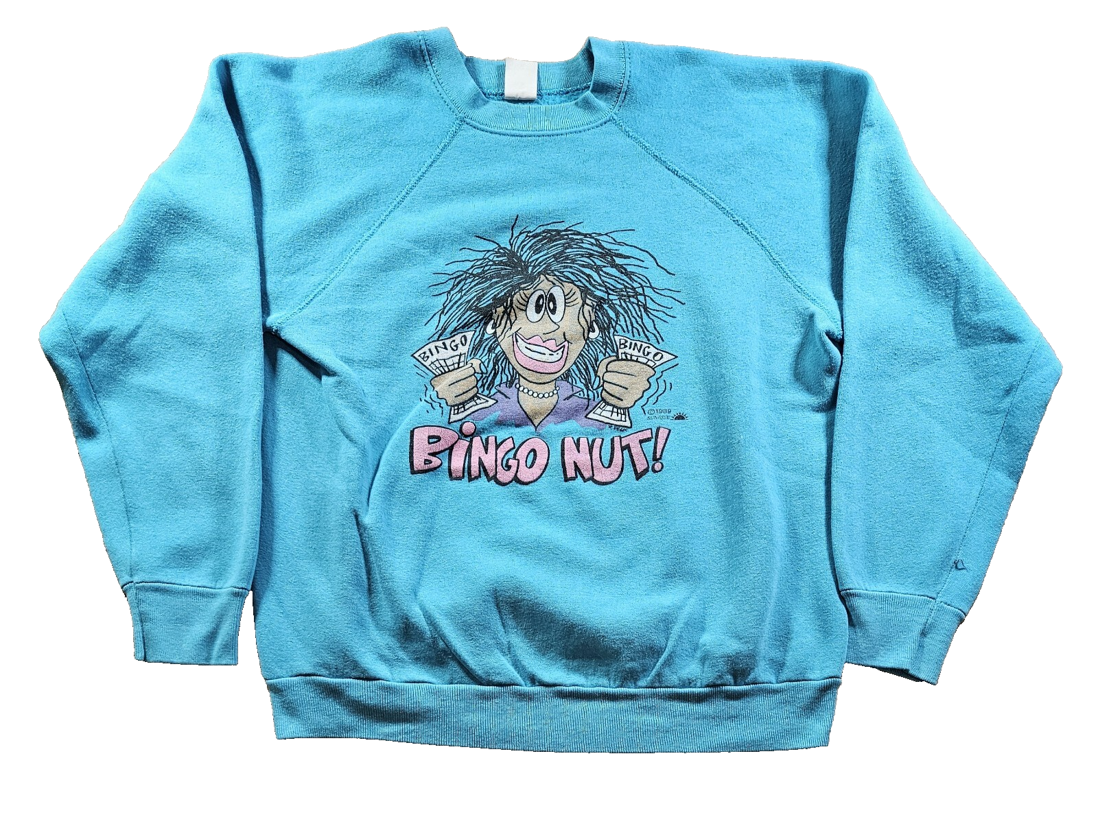 VINTAGE 80s Bingo Nut Funny Blue Crewneck Sweatshirt USA Made Size S/M
