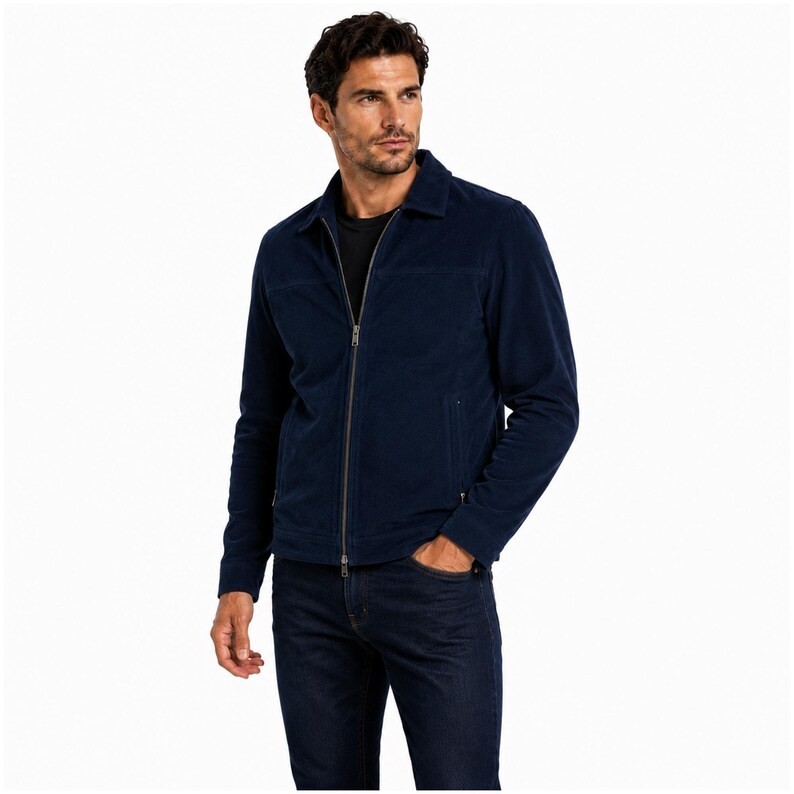 Chaqueta de camionero de cuero azul marino para hombre de gamuza pura talla S...