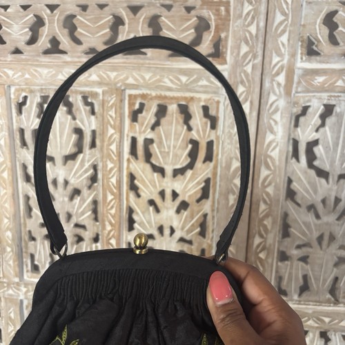 TALBOTS Silk Mini Black Top Handle Evening Bag with Fabric Embroidered Flowers - Picture 5 of 10