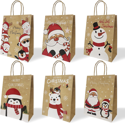 24 Stück Weihnachtsgeschenktüten mit Griffen - 6 festliche Designs Medium Urlaub Kraft  - Bild 11 von 12
