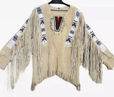 Men Native American Western Wear Suede Leather Shirt Beads Work War & Fringes