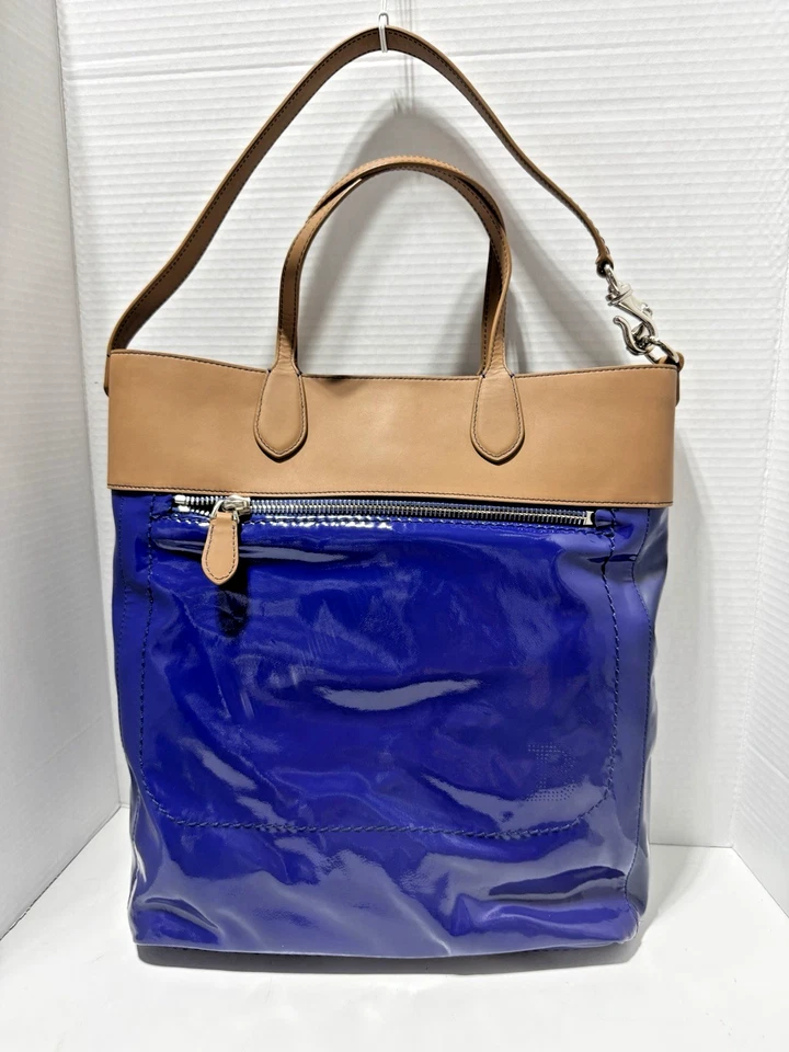 Новый BALLY Macy синий патент коричневый кожаный сумка с короткими ручками наплечный ремень сумка Дамская сумка сумка - Изображение 4 из 4