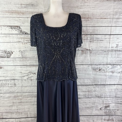 Stenay Dress size 14 Midnight Blue Satin Beaded Evening Wedding Formal Modest - Picture 4 of 23