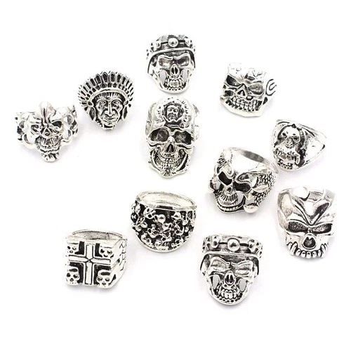 Lot of 20 Men's Silver Skull Skeleton Rings Punk Style Jewelry Fancy